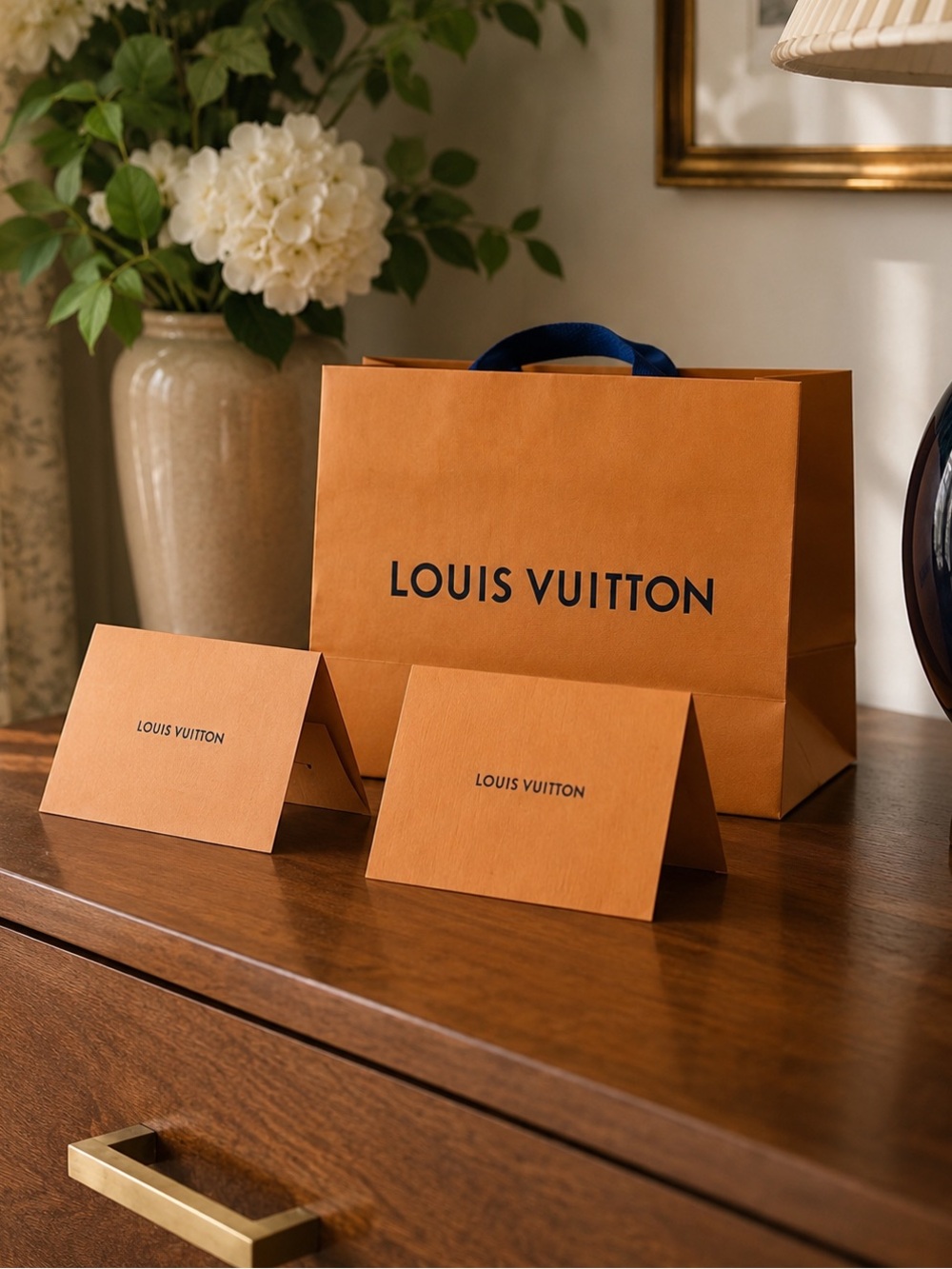 Louis Vuitton Orange Gift Bag with Blue Ribbon Handles